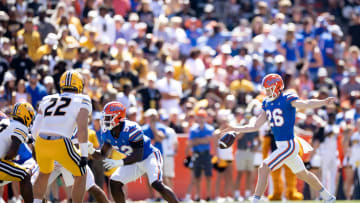 Florida Gators punter Jeremy Crawshaw (26) punts the ball during the first half against the Missouri Tigers at Steve Spurrier Field at Ben Hill Griffin Stadium in Gainesville, FL on Saturday, October 8, 2022. [Matt Pendleton/Gainesville Sun]

Ncaa Football Florida Gators Vs Missouri Tigers