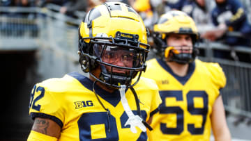 Maize Team wide receiver Semaj Morgan (82) takes the field during the spring game at Michigan Stadium in Ann Arbor on Saturday, April 20, 2024.