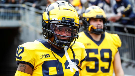 Maize Team wide receiver Semaj Morgan (82) takes the field during the spring game at Michigan Stadium in Ann Arbor on Saturday, April 20, 2024.