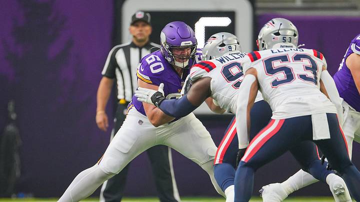 Aug 16, 2025; Minneapolis, Minnesota, USA; Minnesota Vikings guard Joe Huber (60) blocks New England Patriots defensive end Milton Williams (97) in the first quarter at U.S. Bank Stadium. Mandatory Credit: Brad Rempel-Imagn Images