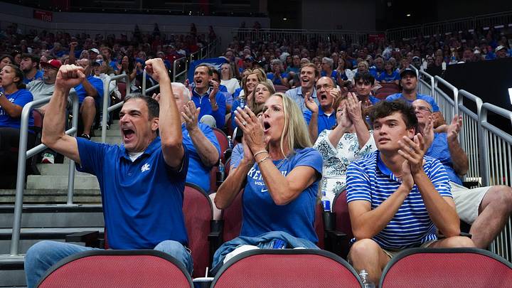 Kentucky volleyball and Nebraska volleyball fans cheered on their team during the AVCA First Serve Showcase at the KFC Yum! Center in Louisville, Ky. on Aug. 27, 2024