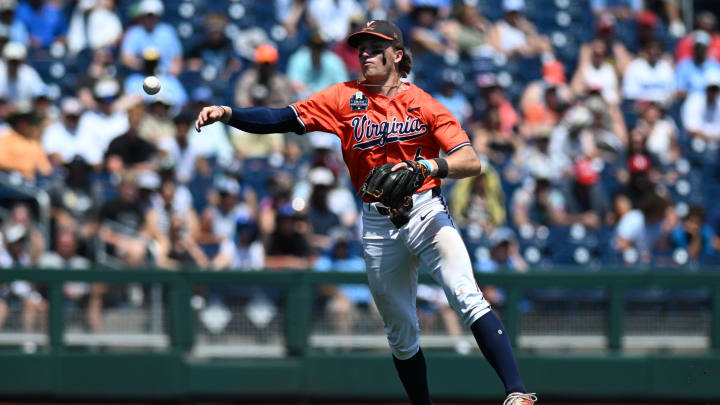 Griff O'Ferrall throws out a runner from shortstop during the Virginia baseball game vs. North Carolina at the 2024 College World Series.