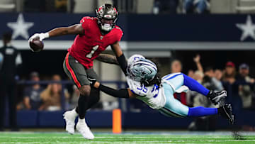 Tampa Bay Buccaneers QB Baker Mayfield had the perfect reaction to a costly Rachaad White fumble against the Cowboys.