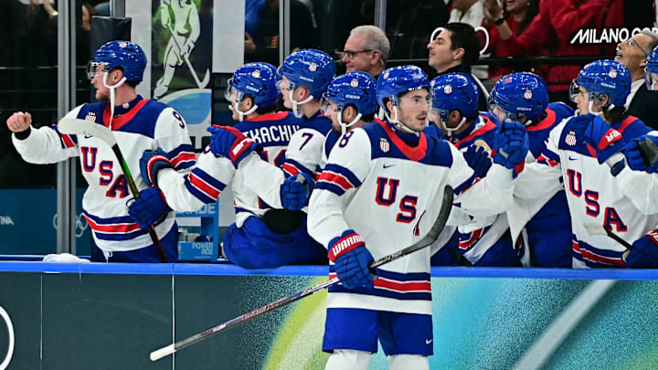 Team USA and Columbus Blue Jackets defenseman Zach Werenski celebrates a goal at the 2026 Olympics.