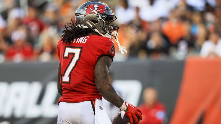 Aug 10, 2024; Cincinnati, Ohio, USA; Tampa Bay Buccaneers running back Bucky Irving (7) reacts after scoring a touchdown against the Cincinnati Bengals in the first half at Paycor Stadium. Mandatory Credit: Katie Stratman-USA TODAY Sports