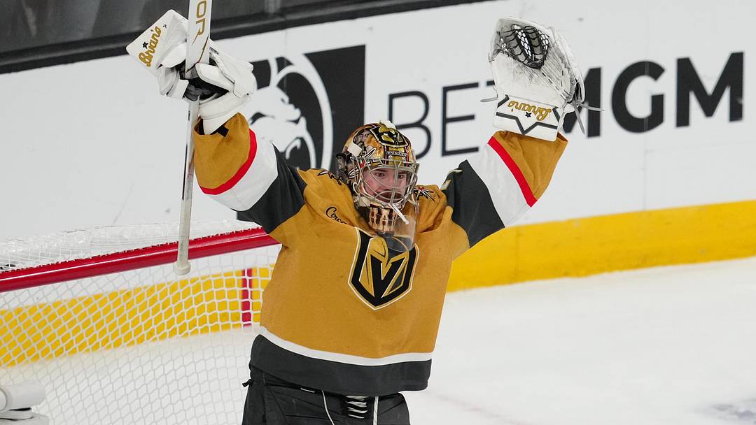 May 26, 2026; Las Vegas, Nevada, USA; Vegas Golden Knights goaltender Carter Hart (79) celebrates winning the Western Conference playoffs against the Colorado Avalanche in game four of the Western Conference Final of the 2026 Stanley Cup Playoffs at T-Mobile Arena. Mandatory Credit: Stephen R. Sylvanie-Imagn Images