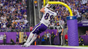 Nov 9, 2025; Minneapolis, Minnesota, USA; Baltimore Ravens tight end Mark Andrews (89) catches a pass for a touchdown against the Minnesota Vikings in the third quarter at U.S. Bank Stadium. Mandatory Credit: Brad Rempel-Imagn Images