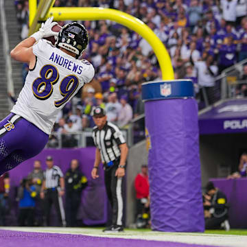 Nov 9, 2025; Minneapolis, Minnesota, USA; Baltimore Ravens tight end Mark Andrews (89) catches a pass for a touchdown against the Minnesota Vikings in the third quarter at U.S. Bank Stadium. Mandatory Credit: Brad Rempel-Imagn Images
