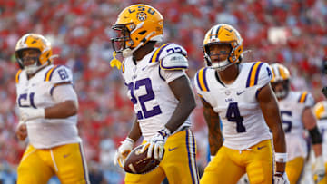 Sep 27, 2025; Oxford, Mississippi, USA; LSU Tigers running back Harlem Berry (22) reacts after a touchdown during the fourth quarter against the Mississippi Rebels at Vaught-Hemingway Stadium. Mandatory Credit: Petre Thomas-Imagn Images