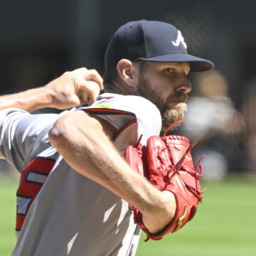 Jun 27, 2024; Chicago, Illinois, USA;  Atlanta Braves pitcher Chris Sale (51) delivers against the Chicago White Sox during the first inning at Guaranteed Rate Field. Mandatory Credit: Matt Marton-USA TODAY Sports