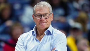 Nov 9, 2025; Storrs, Connecticut, USA; UConn Huskies head coach Geno Auriemma watches from the sideline as they take on the Florida State Seminoles at Harry A. Gampel Pavilion. Mandatory Credit: David Butler II-Imagn Images