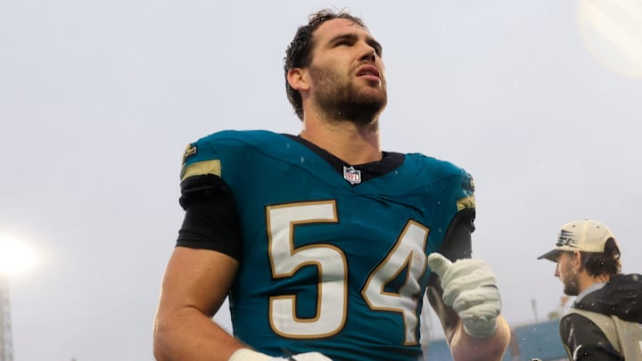 Jacksonville Jaguars linebacker Jack Kiser (54) runs off the field after the game of an NFL football game at EverBank Stadium, Sunday, Dec. 7, 2025, in Jacksonville, Fla. The Jaguars defeated the Colts 36-19.