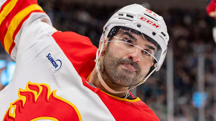 Feb 26, 2026; San Jose, California, USA; Calgary Flames center Nazem Kadri (91) celebrates his goal during the third period against the San Jose Sharks at SAP Center at San Jose. Mandatory Credit: Bob Kupbens-Imagn Images