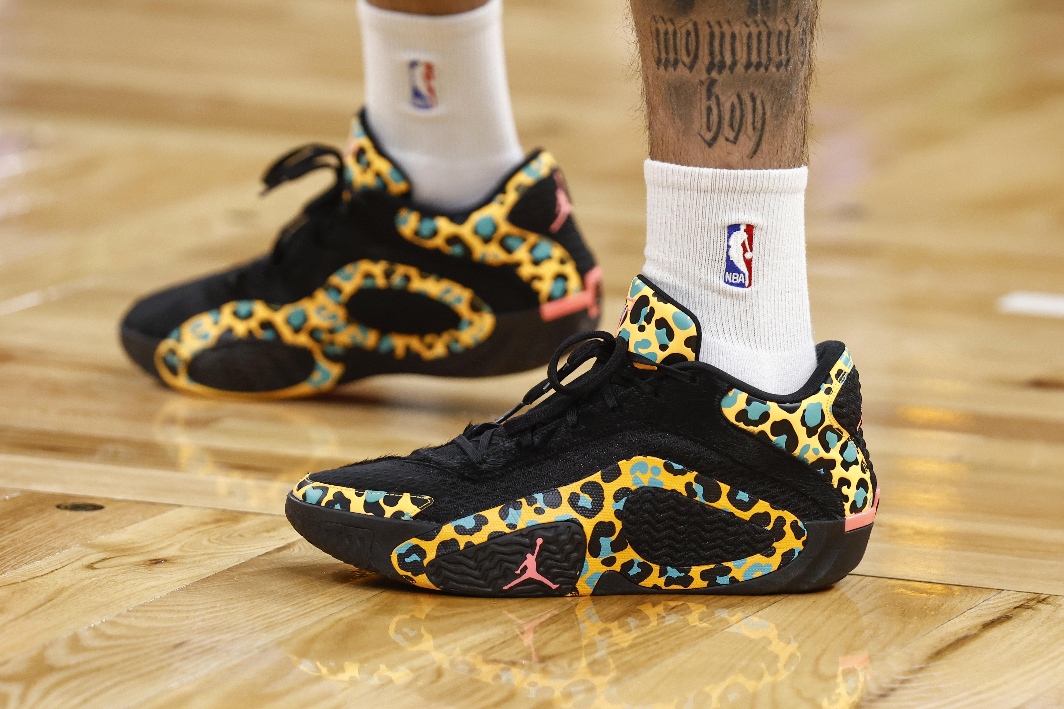 Boston Celtics forward Jayson Tatum's animal print Jordan Brand sneakers.