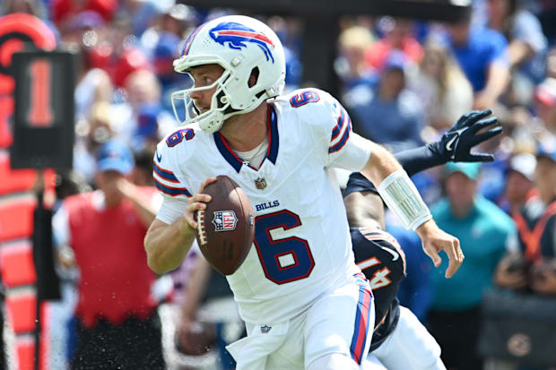 Buffalo Bills QB Shane Buechele rolls out of the pocket in the third quarter of a preseason game against the Chicago Bears.