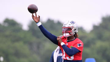 Jul 24, 2024; Foxborough, MA, USA;  New England Patriots quarterback Joe Milton III (19) throws a pass during training camp at Gillette Stadium. Mandatory Credit: Eric Canha-USA TODAY Sports