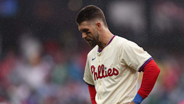 May 14, 2025; Philadelphia, Pennsylvania, USA; Philadelphia Phillies first base Bryce Harper (3) looks on after his RBI single against the St. Louis Cardinals during the seventh inning at Citizens Bank Park. Mandatory Credit: Bill Streicher-Imagn Images