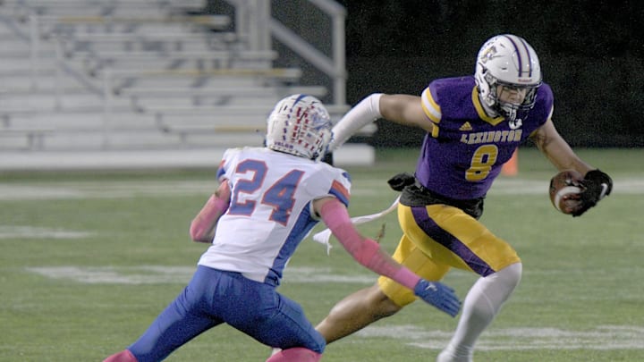 Lexington's Brayden Fogle breaks free on a run. The Lexington Minutemen beat the West Holmes Knights by a score of 19-13 on Lexington's homecoming night. Lexington's Brayden Fogle breaks free on a run. The Lexington Minutemen beat the West Holmes Knights by a score of 19-13 on Lexington's homecoming night.