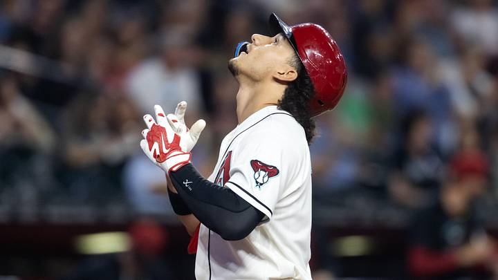 Apr 21, 2026; Phoenix, Arizona, USA; Arizona Diamondbacks outfielder Alek Thomas celebrates after hitting a solo home run in the fifth inning against the Chicago White Sox at Chase Field. Mandatory Credit: Mark J. Rebilas-Imagn Images