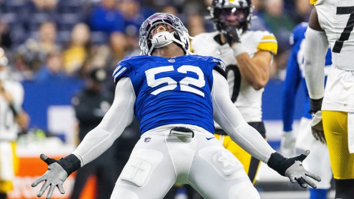 Dec 16, 2023; Indianapolis, Indiana, USA; Indianapolis Colts defensive end Samson Ebukam (52) celebrates a sack  in the second half against the Pittsburgh Steelers at Lucas Oil Stadium. Mandatory Credit: Trevor Ruszkowski-USA TODAY Sports