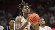 Feb 4, 2025; Tallahassee, Florida, USA; Florida State Seminoles forward AJ Swinton (19) takes a free throw shot during the second half against the Notre Dame Fighting Irish at Donald L. Tucker Center. Mandatory Credit: Melina Myers-Imagn Images