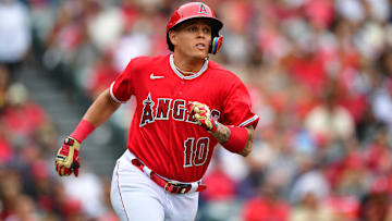 May 28, 2023; Anaheim, California, USA; Los Angeles Angels third baseman Gio Urshela (10) runs after