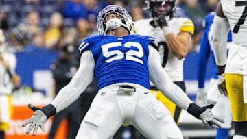 Dec 16, 2023; Indianapolis, Indiana, USA; Indianapolis Colts defensive end Samson Ebukam (52) celebrates a sack  in the second half against the Pittsburgh Steelers at Lucas Oil Stadium. Mandatory Credit: Trevor Ruszkowski-Imagn Images