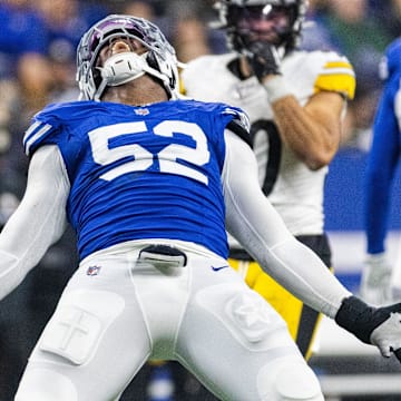 Dec 16, 2023; Indianapolis, Indiana, USA; Indianapolis Colts defensive end Samson Ebukam (52) celebrates a sack  in the second half against the Pittsburgh Steelers at Lucas Oil Stadium. Mandatory Credit: Trevor Ruszkowski-Imagn Images
