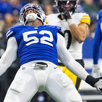 Dec 16, 2023; Indianapolis, Indiana, USA; Indianapolis Colts defensive end Samson Ebukam (52) celebrates a sack  in the second half against the Pittsburgh Steelers at Lucas Oil Stadium. 