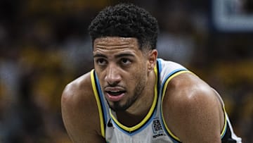 Apr 19, 2025; Indianapolis, Indiana, USA;  Indiana Pacers guard Tyrese Haliburton (0)  in the first half against the Milwaukee Bucks at Gainbridge Fieldhouse. Mandatory Credit: Trevor Ruszkowski-Imagn Images