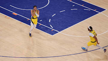 Indiana Pacers guard Tyrese Haliburton reacts after tying the game in the fourth quarter to send the game to overtime against the New York Knicks.