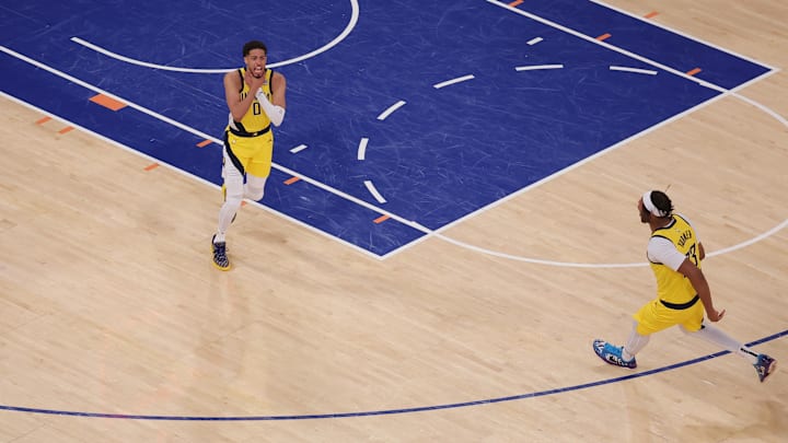 Indiana Pacers guard Tyrese Haliburton reacts after tying the game in the fourth quarter to send the game to overtime against the New York Knicks.