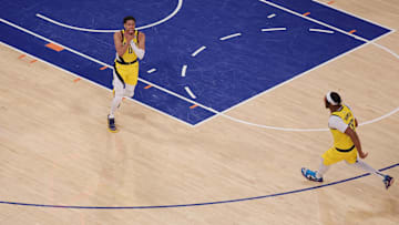 May 21, 2025; New York, New York, USA; Indiana Pacers guard Tyrese Haliburton (0) reacts after tying the game in the fourth quarter to send the game to overtime against the New York Knicks during game one of the eastern conference finals for the 2025 NBA Playoffs at Madison Square Garden. Mandatory Credit: Brad Penner-Imagn Images
