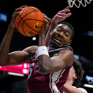 Santa Clara Broncos guard Thierry Darlan (15) pulls down a rebound in the second half of the NCAA Men’s Basketball game between the Xavier Musketeers and the Santa Clara Broncos at the Cintas Center in Cincinnati on Monday, Nov. 10, 2025. Xavier lost 87-68.