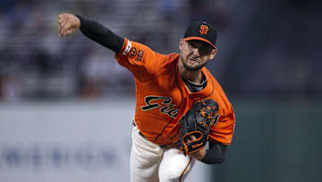 Sep 13, 2019; San Francisco, CA, USA; San Francisco Giants starting pitcher Tyler Beede (38) delivers against the Miami Marlins during the first inning of a baseball game at Oracle Park.