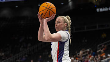 Mar 8, 2025; Kansas City, MO, USA; TCU Horned Frogs guard Hailey Van Lith (10) shoots the ball against the West Virginia Mountaineers during the first half at T-Mobile Center. Mandatory Credit: Amy Kontras-Imagn Images