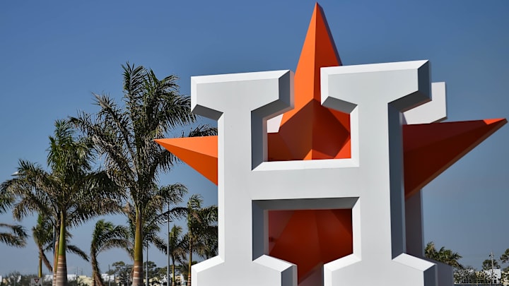 Feb 15, 2017; West Palm Beach, FL, USA; A general view of the Houston Astros logo mounted at the Ballpark of the Palm Beaches. Mandatory Credit: Jasen Vinlove-Imagn Images