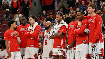 Oct 9, 2025; Chicago, Illinois, USA; The Chicago Bulls bench looks on against the Cleveland Cavaliers during the second half at United Center. Mandatory Credit: Patrick Gorski-Imagn Images