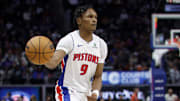 Jan 31, 2025; Detroit, Michigan, USA;  Detroit Pistons forward Ausar Thompson (9) passes in the second half against the Dallas Mavericks at Little Caesars Arena. Mandatory Credit: Rick Osentoski-Imagn Images