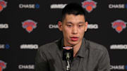 Mar 31, 2012; New York, NY, USA;  New York Knicks point guard Jeremy Lin (17) holds a press conference to announce that he will be out for the remainder of the season with a partially torn meniscus before the game against the Cleveland Cavaliers at Madison Square Garden.  Mandatory Credit: Anthony Gruppuso-Imagn Images