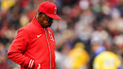 Apr 14, 2024; Boston, Massachusetts, USA; Los Angeles Angels manager Ron Washington (37) makes his way back to the dugout after talking with his players from the pitching mound as they take on the Boston Red Sox in the eighth inning at Fenway Park. Mandatory Credit: David Butler II-Imagn Images