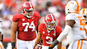 Alabama wide receiver Jermaine Burton (3) and offensive lineman Kadyn Proctor (74) celebrating after a play during an NCAA college football game between Tennessee and Alabama at Bryant-Denny Stadium in Tuscaloosa, Ala., on Saturday, Oct. 21, 2023.