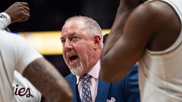 Texas A&M Head Coach Buzz Williams talks to his team during their second round game of the SEC Men's Basketball Tournament at Bridgestone Arena in Nashville, Tenn., Thursday, March 13, 2025.
