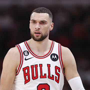 Chicago Bulls guard Zach LaVine (8) reacts during the first half of an NBA game against the Houston Rockets at United Center.