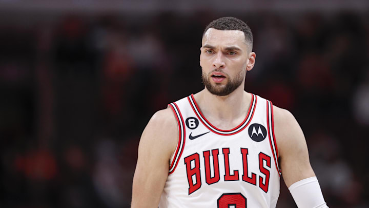 Chicago Bulls guard Zach LaVine (8) reacts during the first half of an NBA game against the Houston Rockets at United Center.