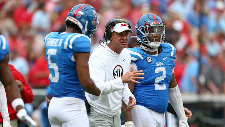 Mississippi Rebels head coach Lane Kiffin gives direction during the second half against the Kentucky Wildcats.