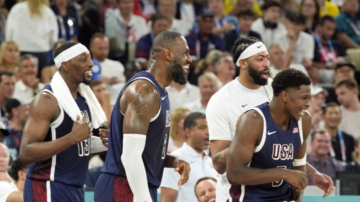 Aug 6, 2024; Paris, France; United States guard LeBron James (6) reacts with the bench in the first half against Brazil in a men’s basketball quarterfinal game during the Paris 2024 Olympic Summer Games at Accor Arena. Mandatory Credit: Kyle Terada-USA TODAY Sports