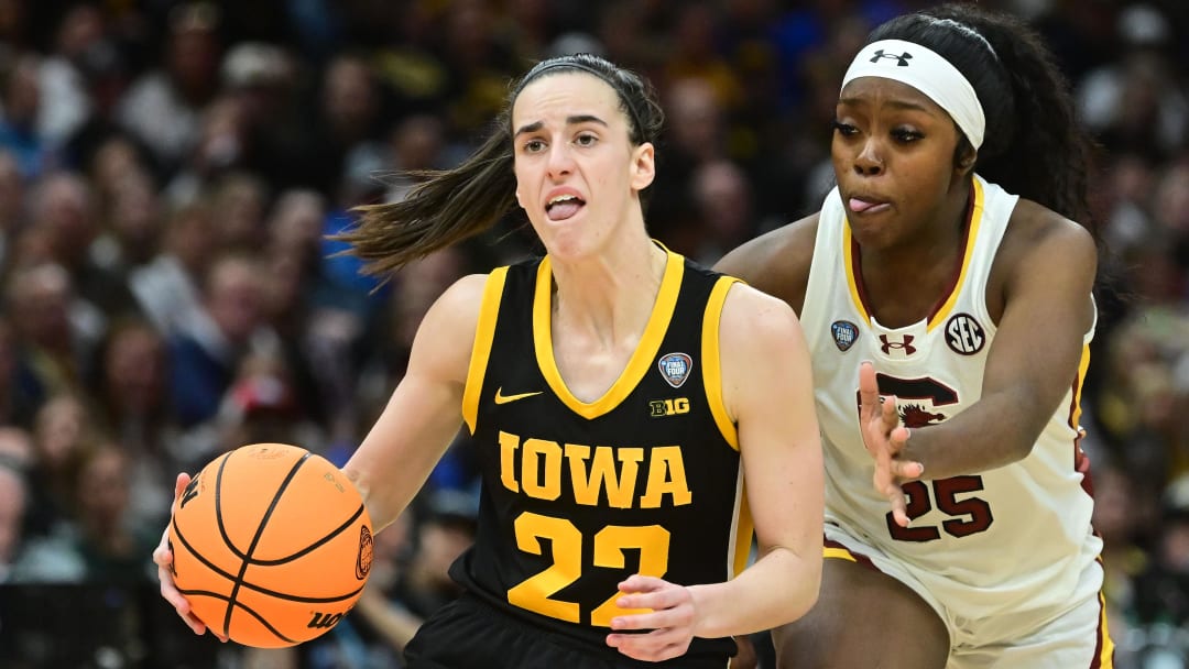 Apr 7, 2024; Cleveland, OH, USA; Iowa Hawkeyes guard Caitlin Clark (22) in the national championship game.