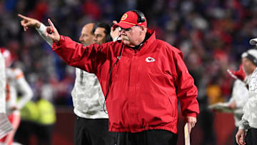 Nov 17, 2024; Orchard Park, New York, USA; Kansas City Chiefs head coach Andy Reid signals to go for one point after a touchdown  against the Buffalo Bills in the fourth quarter at Highmark Stadium. Mandatory Credit: Mark Konezny-Imagn Images