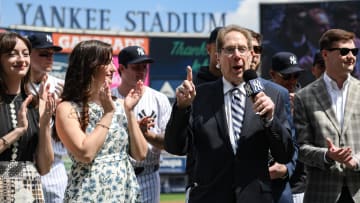 Apr 20, 2024; Bronx, New York, USA; Longtime Yankee announcer John Sterling is honored during a pregame ceremony in recognition of his retirement before a game against the Toronto Blue Jays at Yankee Stadium. Mandatory Credit: John Jones-USA TODAY Sports